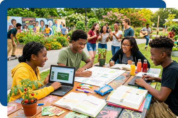 group of teens working on project 