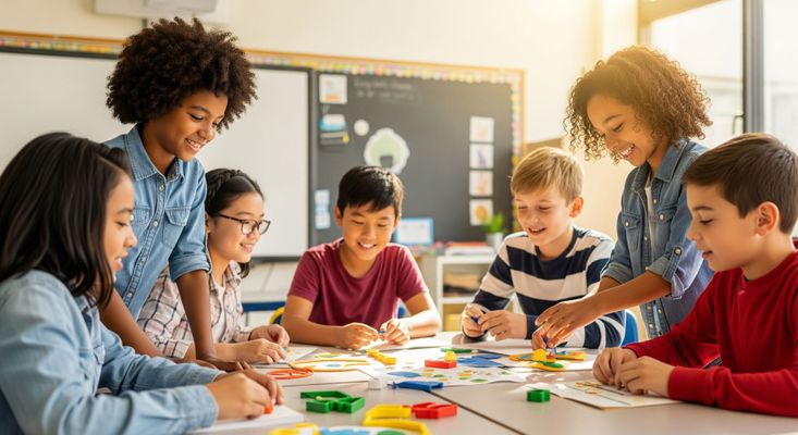Diverse children engaged in collaborative learning in a modern classroom, representing holistic education.