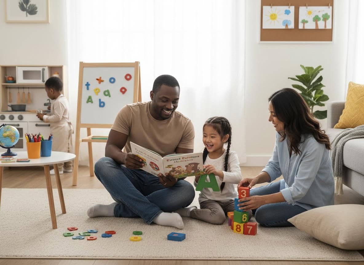 Happy Diverse Family Playing and Reading