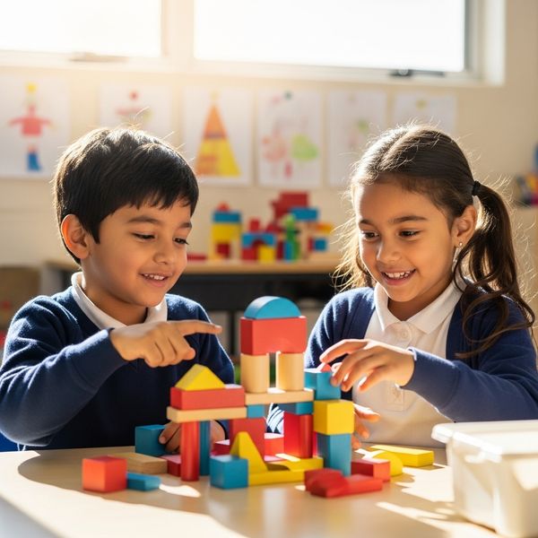 Two students collaborating happily on a block building project, showing teamwork.