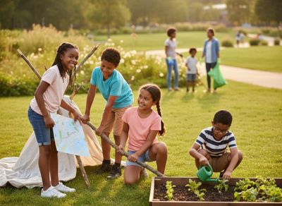 Happy children build a stick fort with a map, and another waters plants in a raised garden bed in a sunny park with adults in background. Diverse children playing and gardening in a park