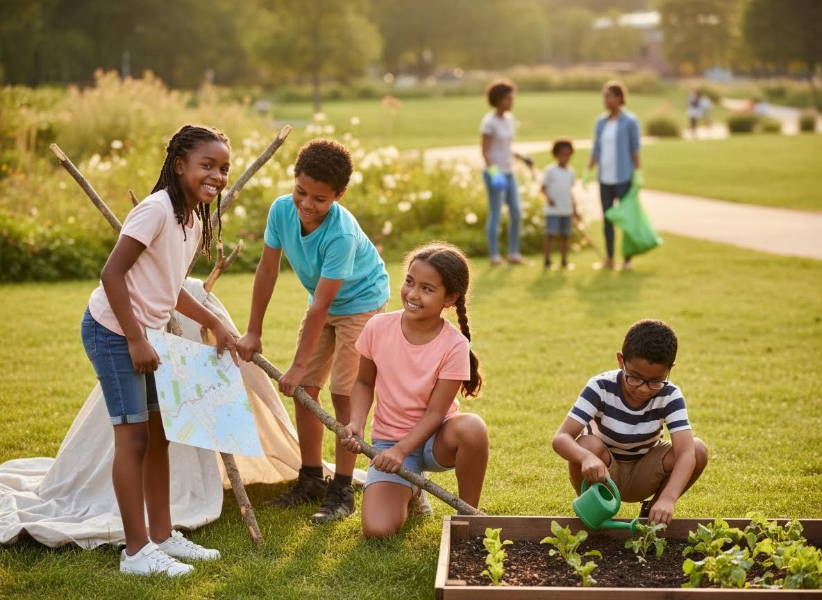 Diverse children playing and gardening in a park