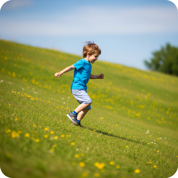 Child running and playing freely in a sunny, green outdoor space. Child running and playing freely in a sunny, green outdoor space.