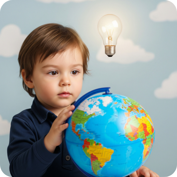 Child looking thoughtfully at a globe, representing global awareness and critical thinking. Child looking thoughtfully at a globe, representing global awareness and critical thinking.