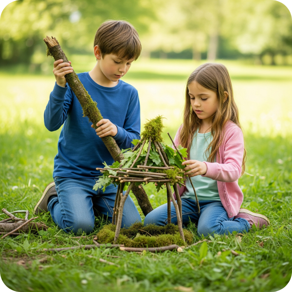 Children building a small structure from sticks and leaves outdoors. Children building a small structure from sticks and leaves outdoors.