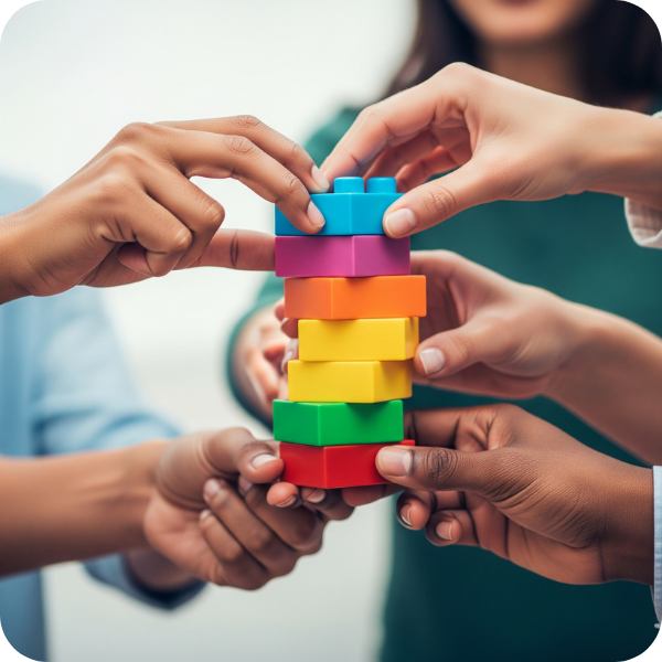 Diverse hands collaborating to stack colorful building blocks. Diverse hands collaborating to stack colorful building blocks.