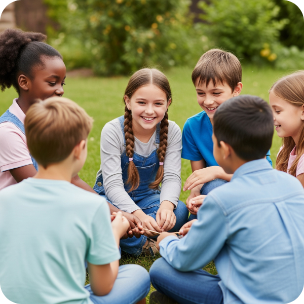 Group of children collaborating and interacting positively in an outdoor setting. Group of children collaborating and interacting positively in an outdoor setting.