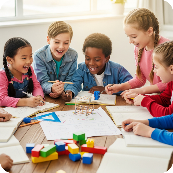 Diverse group of children engaged in a lively discussion around a project table. Diverse group of children engaged in a lively discussion around a project table.