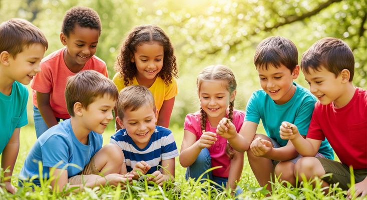 Children exploring plants outdoors in a park, representing outdoor enrichment and learning.