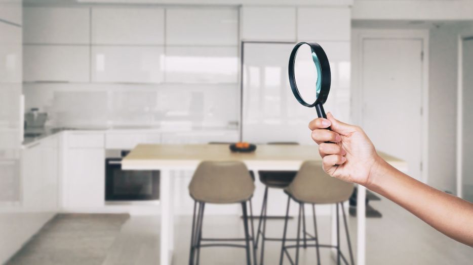 person holding magnifying glass in home kitchen