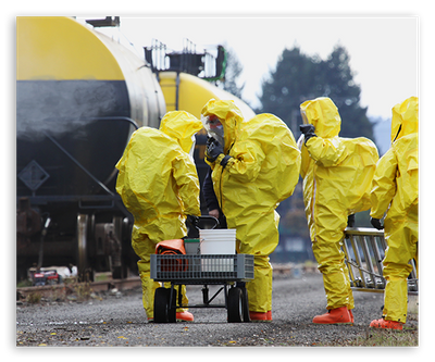 workers in hazmat suits next to a tanker car
