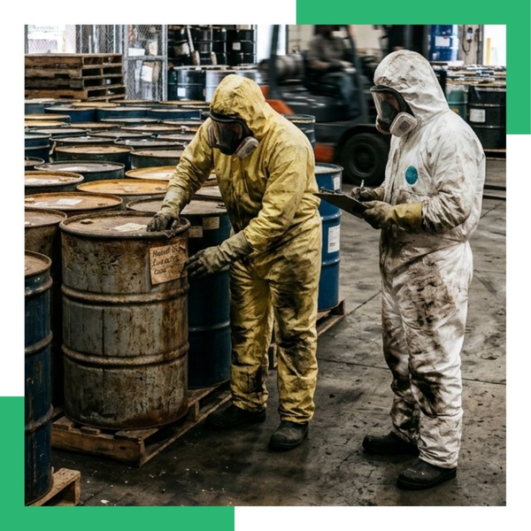 Technicians inspecting hazardous waste drums in industrial facility