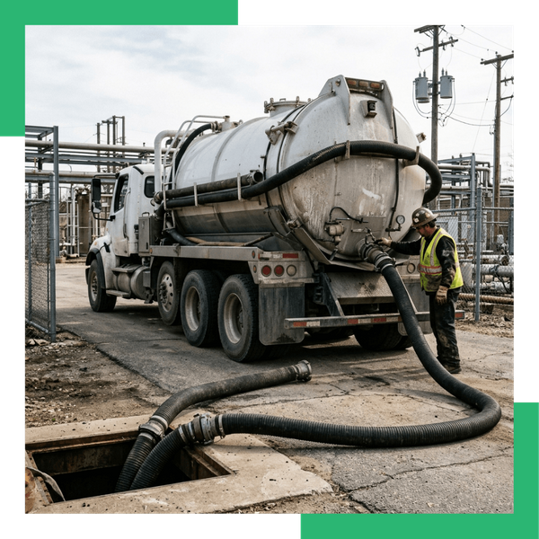 Industrial vacuum tanker truck pumping liquid sludge waste