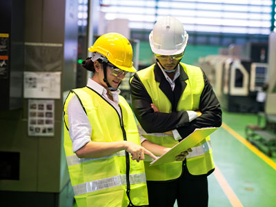 Two factory employees checking a clipboard