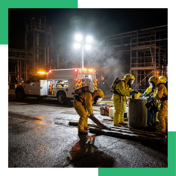 Emergency response team containing nighttime hazardous chemical spill