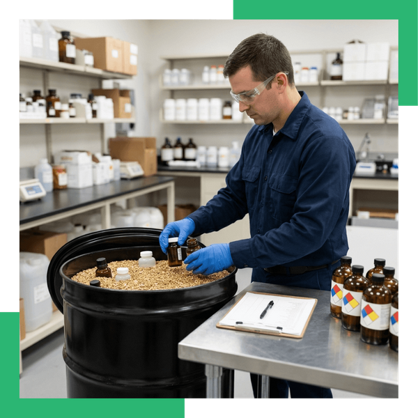 Chemist packing laboratory chemical containers into waste drum
