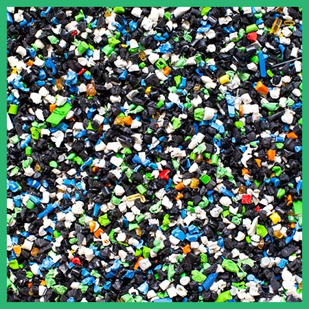 A closeup of shredded plastic pellets