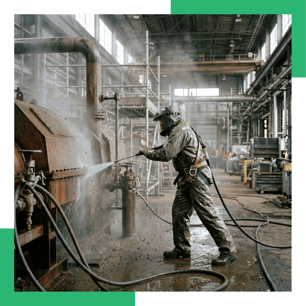 Technician hydro-blasting industrial machinery during facility cleaning