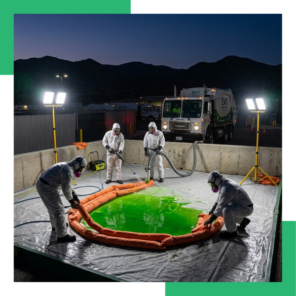emergency spill response team in hazmat suits containing a night chemical spill with absorbent booms and floodlights.