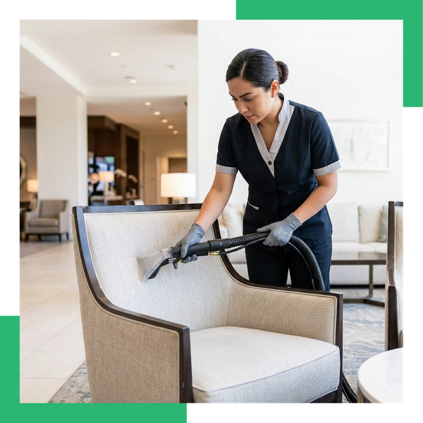 A hospitality cleaning specialist steam-cleaning a chair in a pristine modern hotel lobby.