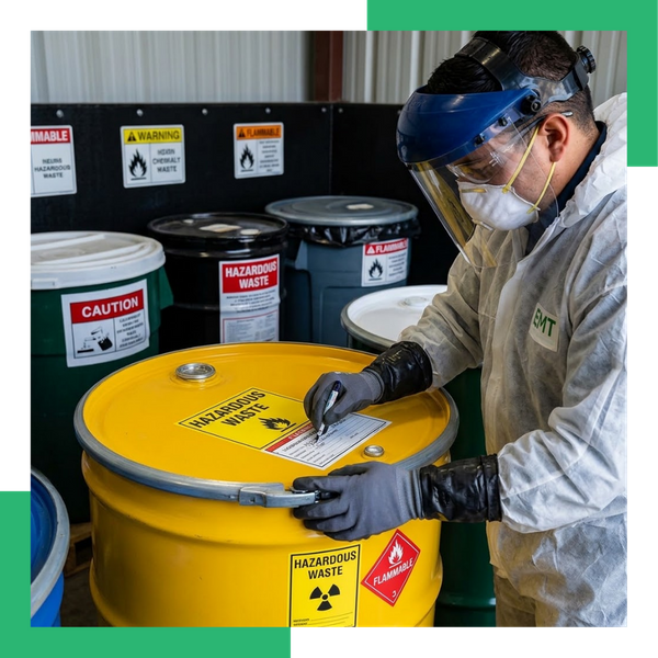 A technician in protective gear labeling a yellow hazardous waste drum for safe disposal.