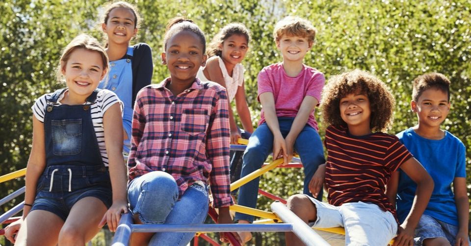 Group of smiling children on playground equipment