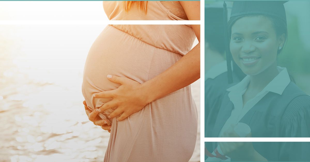 pregnant woman in front of a body of water and a woman in graduation attire with degree