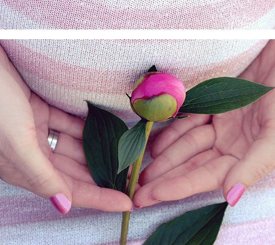 closeup of pregnant belly with pink flower