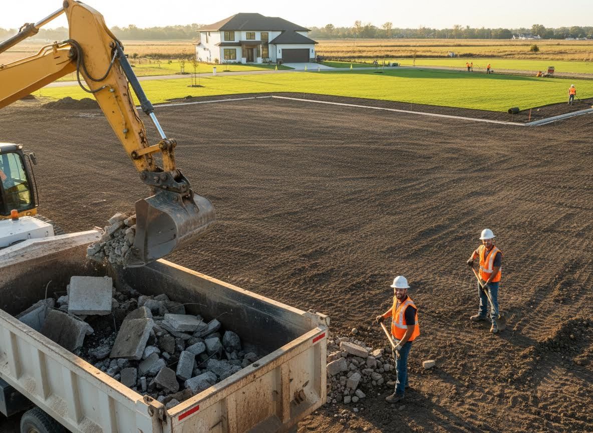 Excavator and Construction Crew at Residential Site