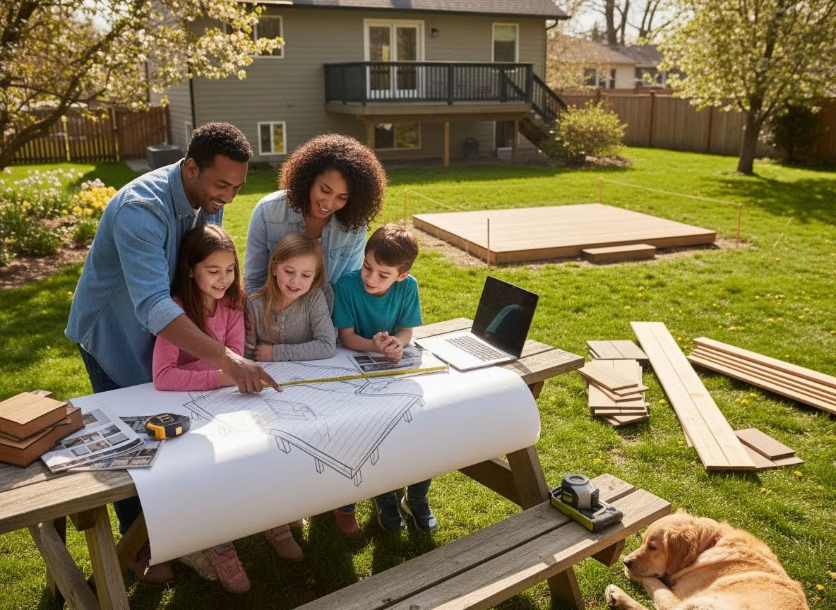 Family planning a deck in their backyard