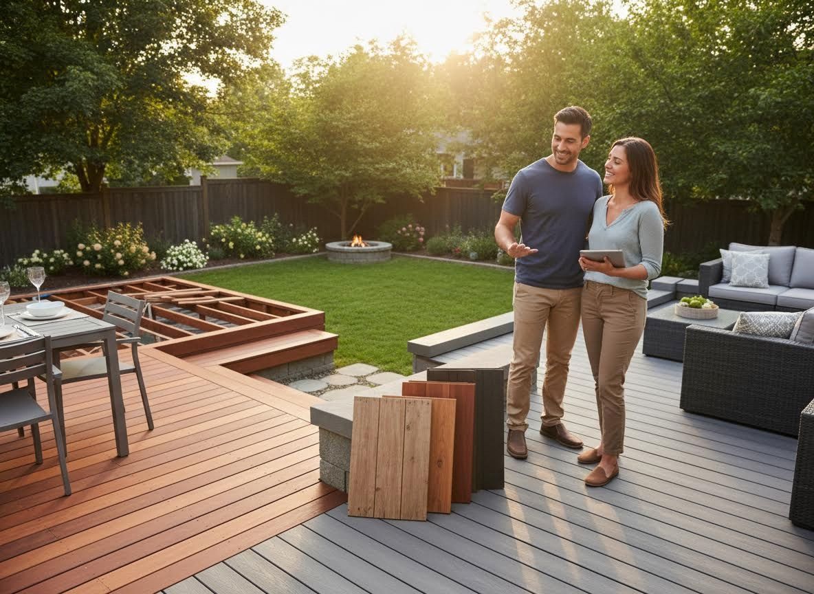 Couple choosing deck materials for backyard renovation