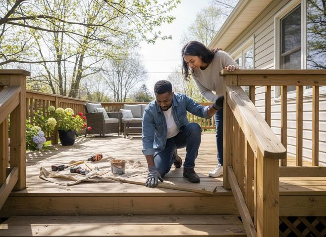 Couple repairing wooden deck
