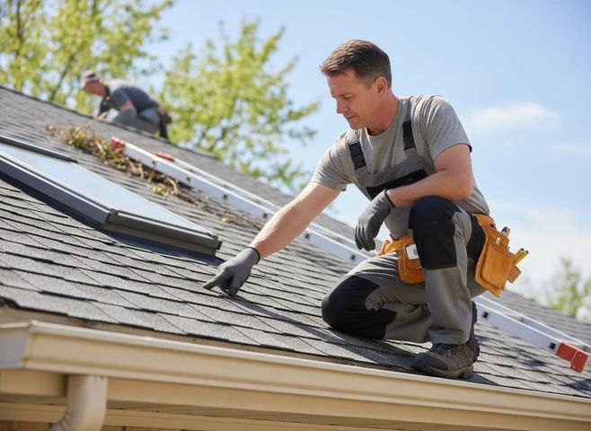 Professional Roofer Inspecting Shingle Roof and Skylight
