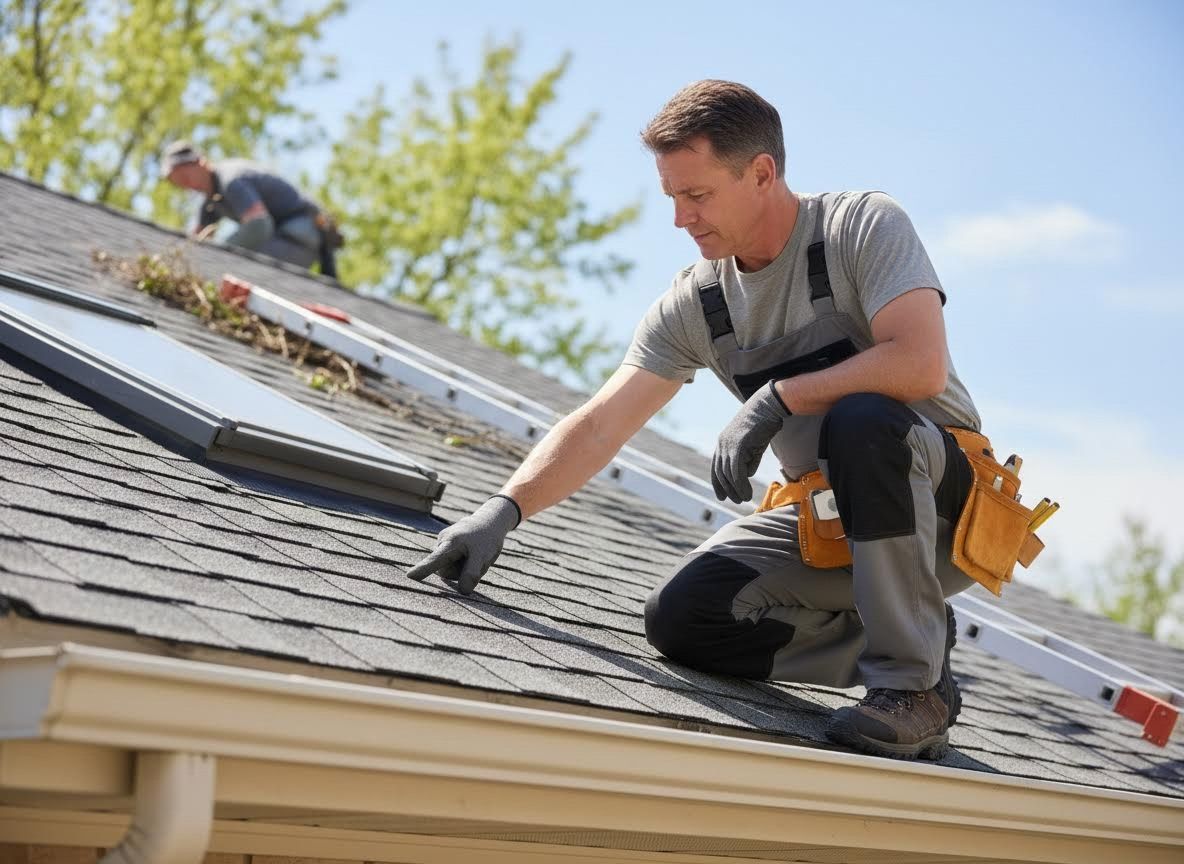 Professional Roofer Inspecting Shingle Roof and Skylight