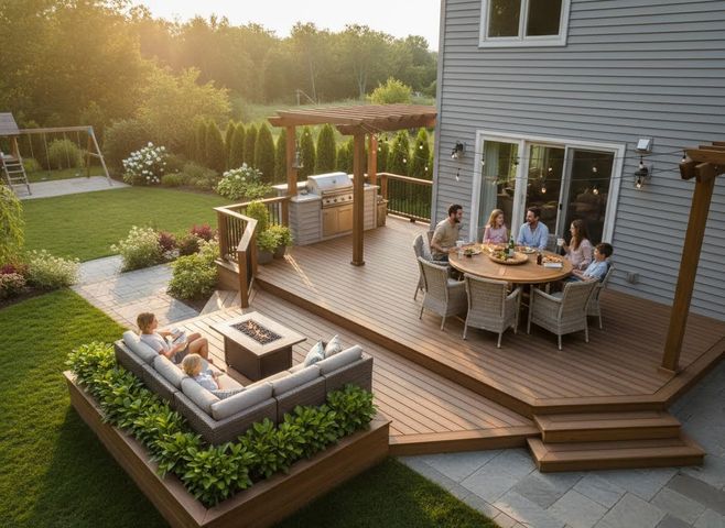 Multi-level backyard deck with outdoor kitchen, dining, and fire pit lounge