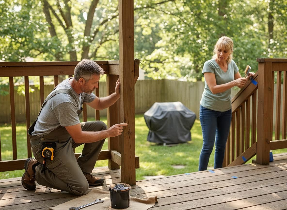 Couple working on an outdoor wooden deck