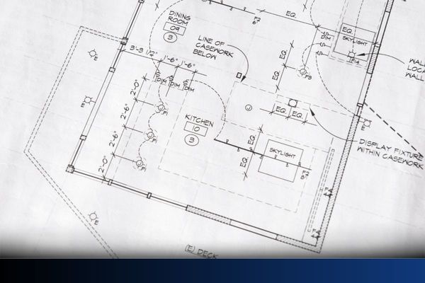 Remodel blueprint of a dining room and kitchen areas.