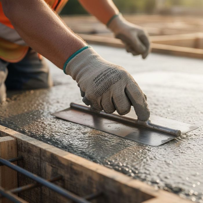 close-up of a gloved hand using a trowel to finish a concrete foundation