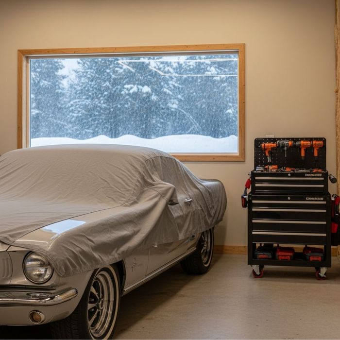 car and tools in a small heated hobby workshop car and tools in a small heated hobby workshop