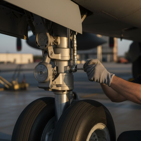 someone maintaining airplane landing gear with tool