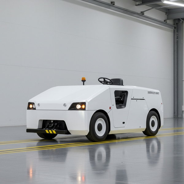 A modern piece of white mobile ground support equipment is being moved efficiently across a clean hangar floor.