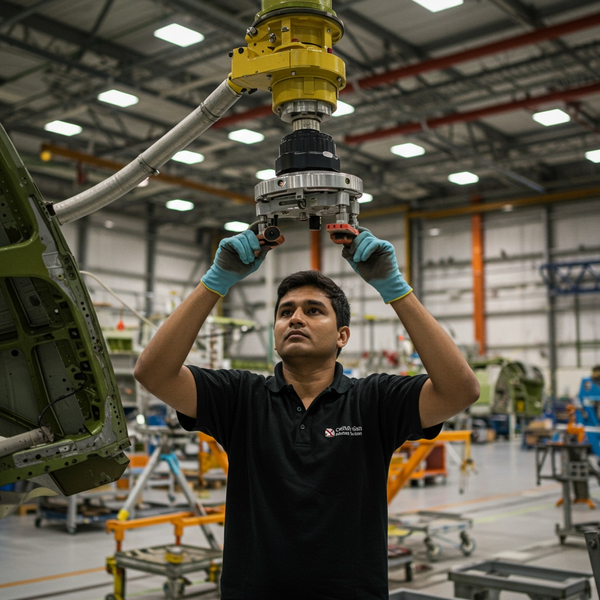 A technician in a hangar uses a flexible support arm to safely guide a heavy aircraft component.