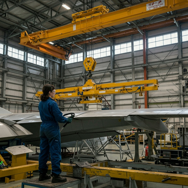 A female technician operates a hydraulic lifting system that is maneuvering a large aircraft component in a spacious hangar.