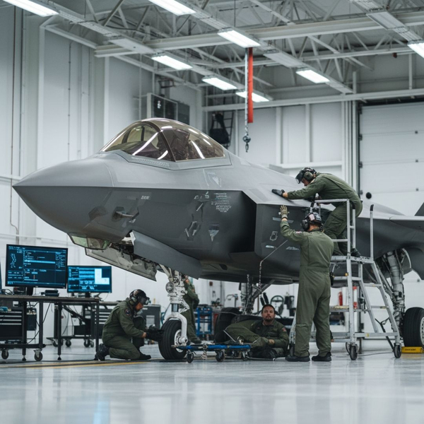 team of military workers working on maintaining aircraft