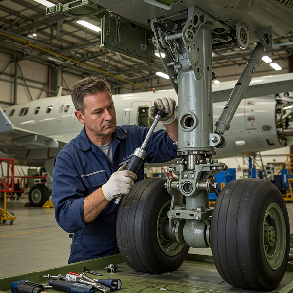 A person wearing white gloves uses specialized tooling to work on an aircraft's landing gear.