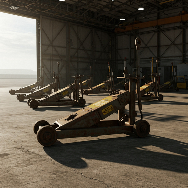 A row of traditional, heavy hydraulic aircraft jacks sits idle in a hangar. Now generating the 1:1 square image for the third section.