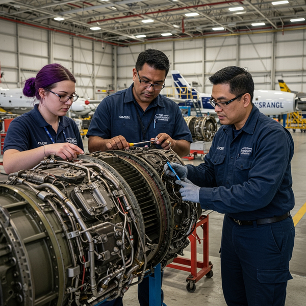 A diverse team of aviation mechanics collaborates on a detailed engine inspection inside a hangar.