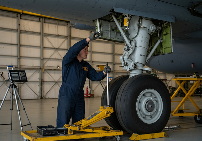 An aviation mechanic works diligently on a C-130H landing gear with specialized equipment in a hangar.