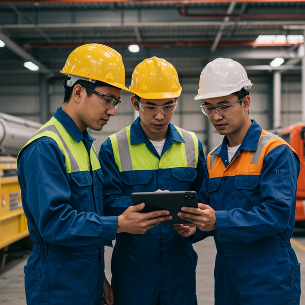 Three male technicians, two in blue overalls and one in a hard hat and safety vest, are intently reviewing digital schematics on a tablet together.