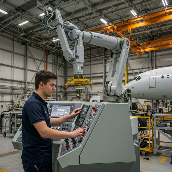 A technician operates a control panel to precisely position an aircraft landing gear using a robotic arm in a hangar.